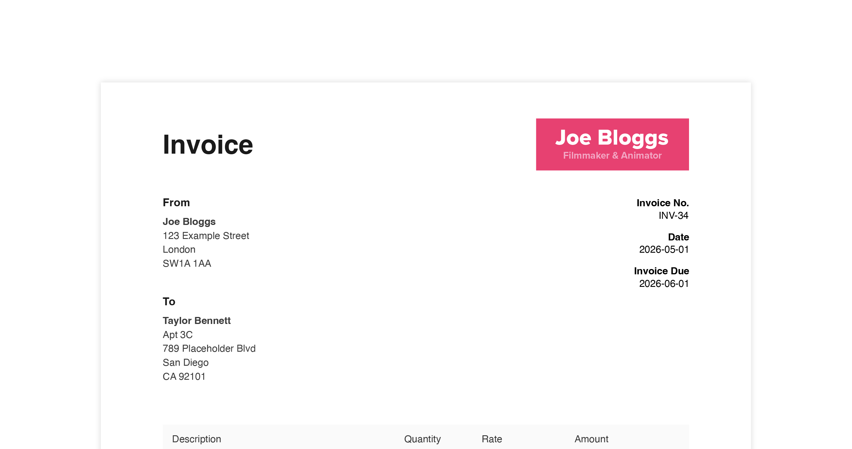 Sample invoice created with free generator
